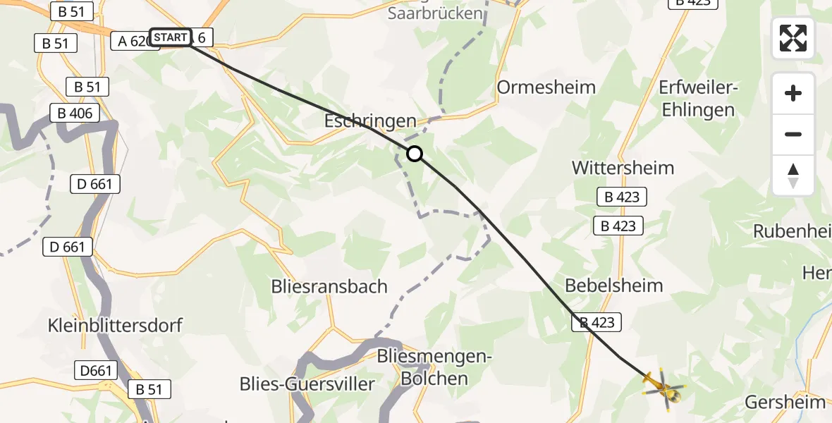 Flugroute Rettungshubschrauber Saarbrücken - Gersheim, 13 April 2026, 06:37