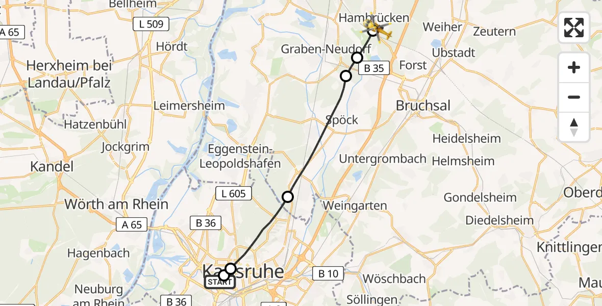 Flugroute Rettungshubschrauber Sankt Vincentius Hospital - Hambrücken, 13 April 2026, 06:39