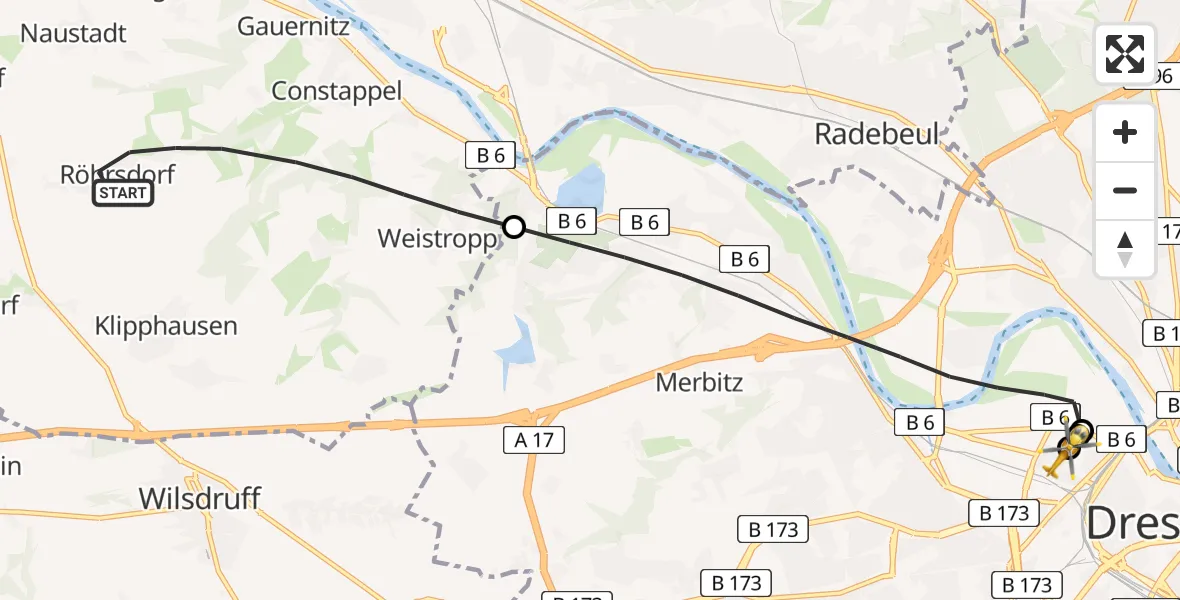 Flugroute Rettungshubschrauber Klipphausen - Dresden Friedrichstadt Hospital, 13 April 2026, 07:11