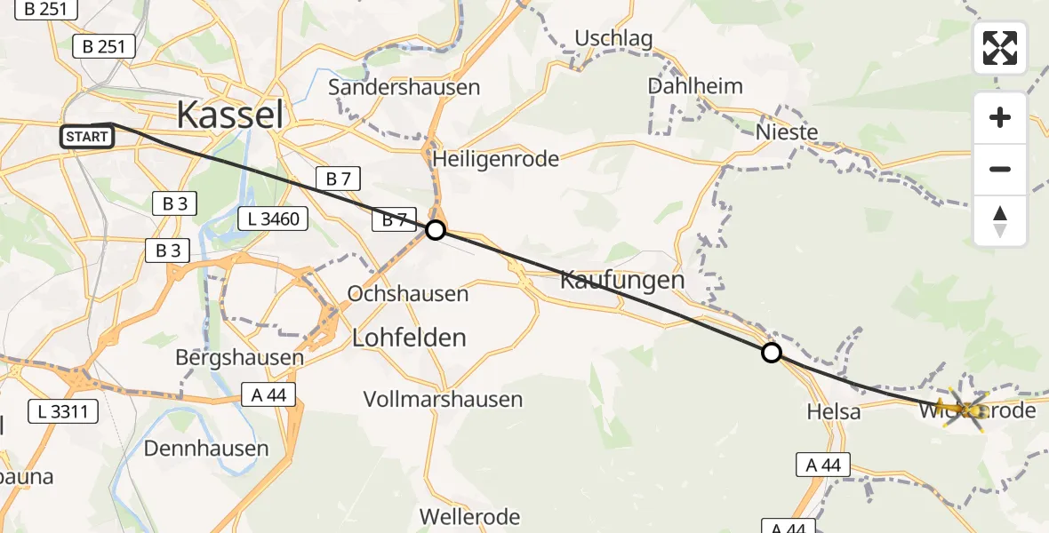 Flugroute Rettungshubschrauber Kassel - Helsa, 13 April 2026, 07:13