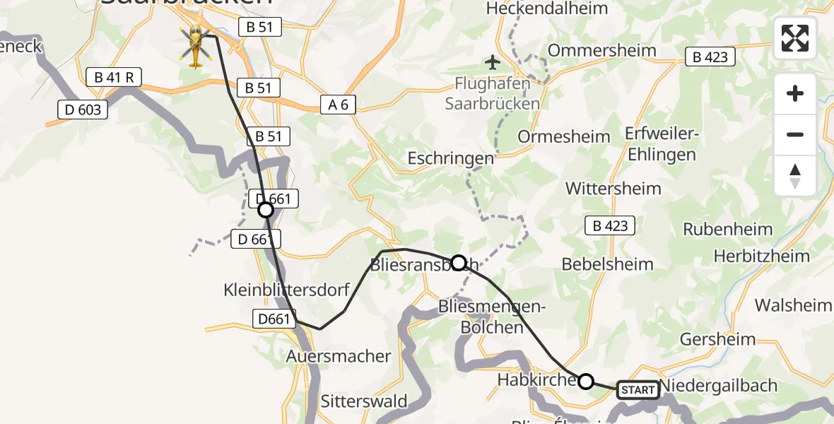Flugroute Rettungshubschrauber Gersheim - Saarbrücken, 13 April 2026, 07:21