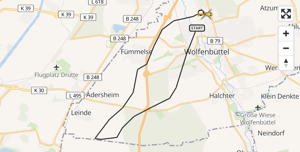 Flugroute Rettungshubschrauber Wolfenbüttel - Wolfenbüttel Municipal Hospital Heliport (Christoph 30), 13 April 2026, 07:28