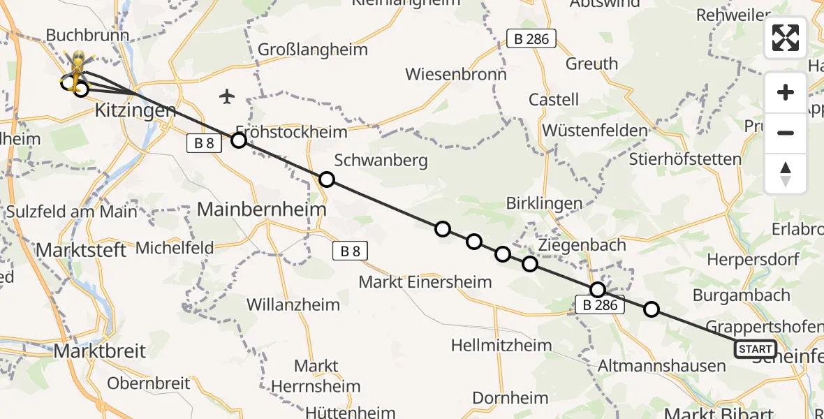 Flugroute Rettungshubschrauber Scheinfeld - Kitzingen, 13 April 2026, 07:30