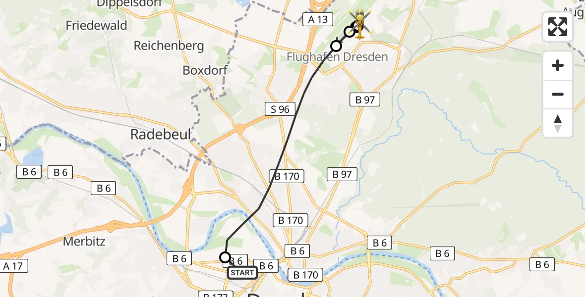 Flugroute Rettungshubschrauber Dresden Friedrichstadt Hospital - Dresden Bundespolizei Hubschrauberlandeplatz, 13 April 2026, 07:38