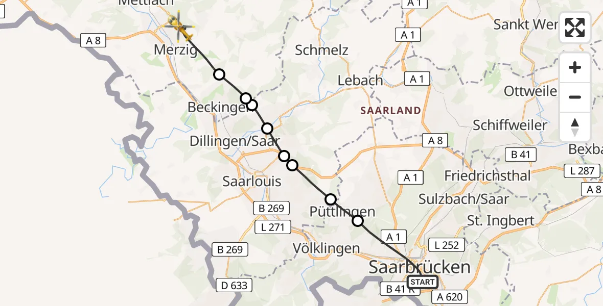 Flugroute Rettungshubschrauber Saarbrücken - Merzig, 13 April 2026, 07:47