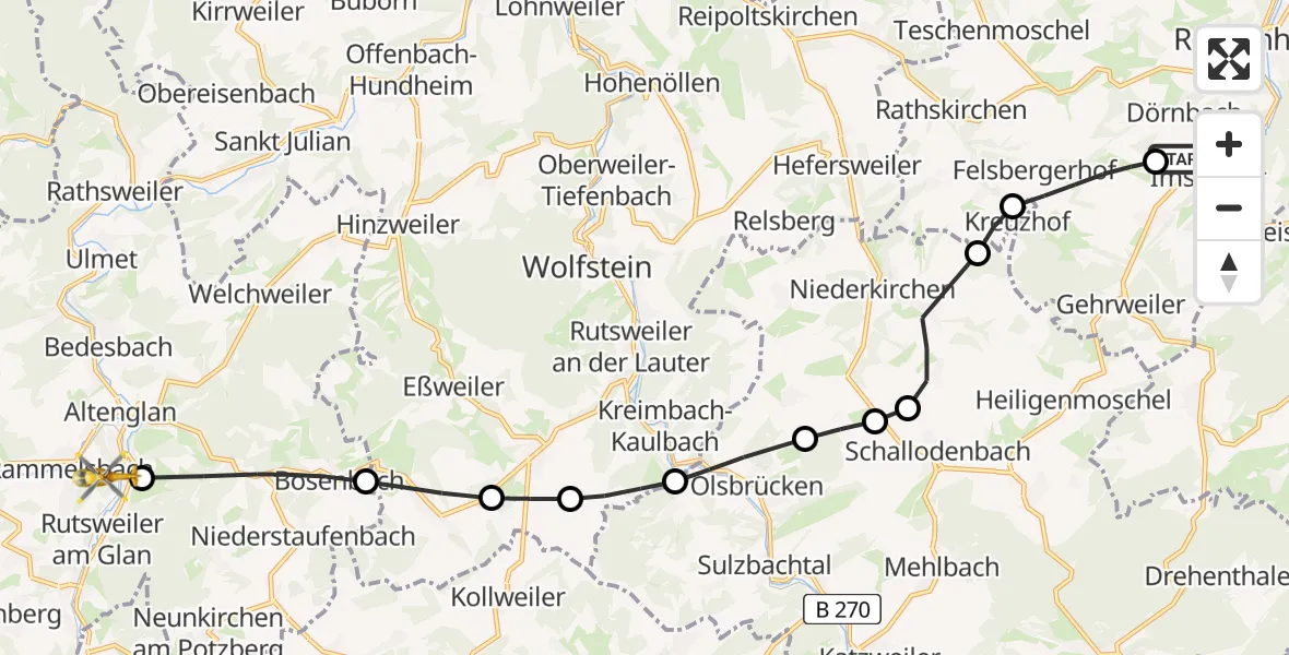 Flugroute Rettungshubschrauber Imsweiler UL - Altenglan, 13 April 2026, 07:52