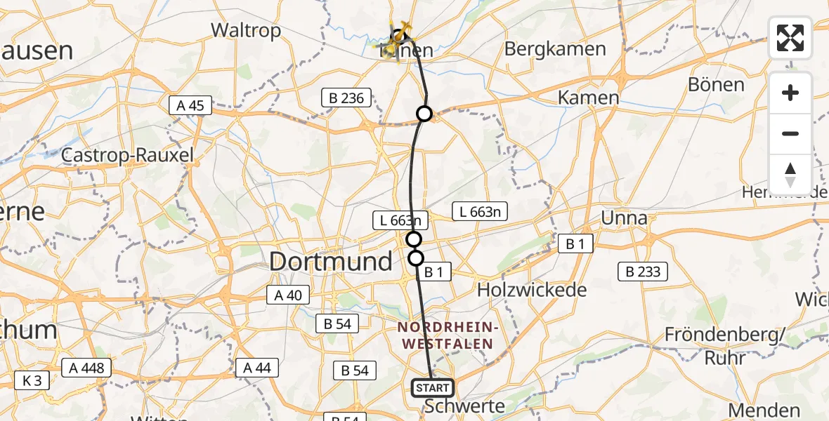 Flugroute Rettungshubschrauber Dortmund - Sankt Marien Hospital, 13 April 2026, 07:55