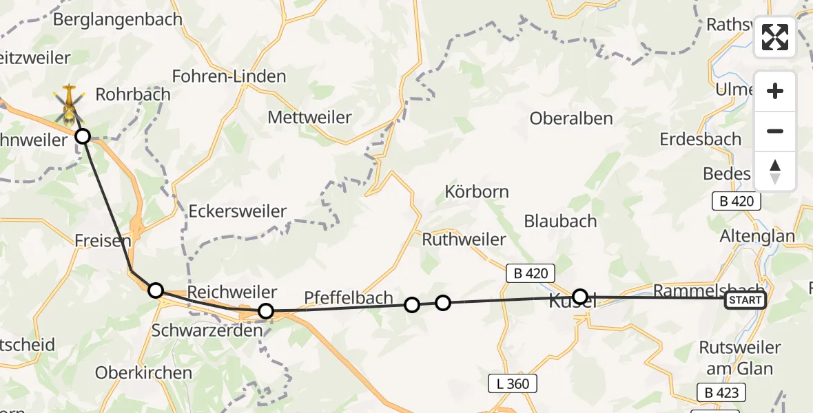 Flugroute Rettungshubschrauber Altenglan - Rückweiler, 13 April 2026, 08:02