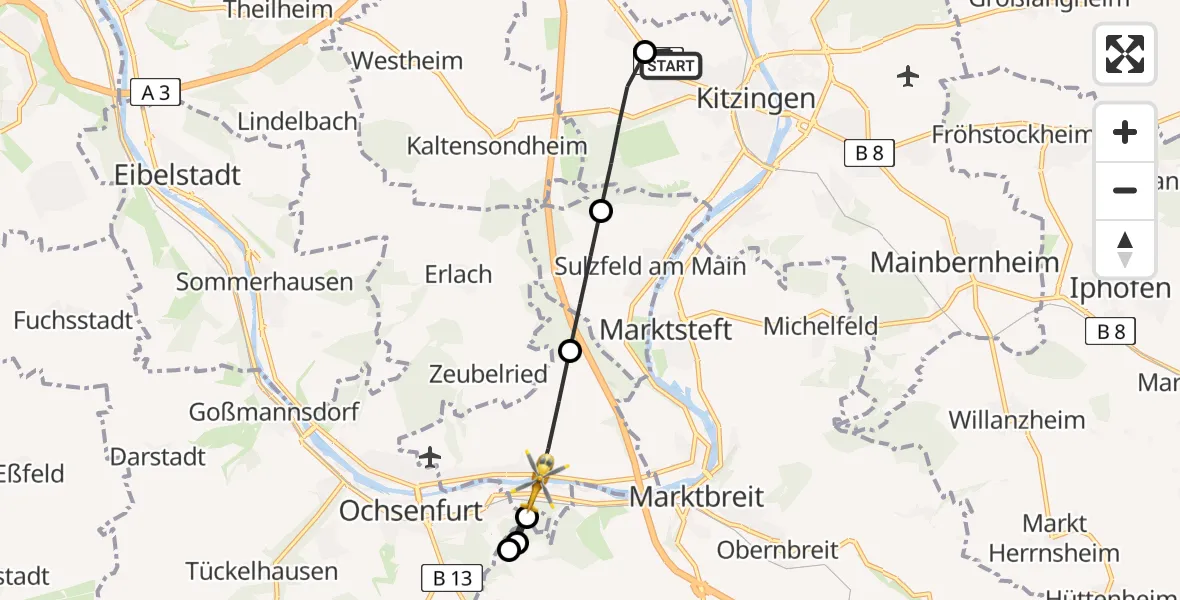 Flugroute Rettungshubschrauber Kitzingen Hospital - Frickenhausen a.Main, 13 April 2026, 08:02