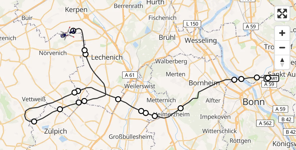 Flugroute Polizeihubschrauber Sankt Augustin - Militärflugplatz Nörvenich, 13 April 2026, 08:03