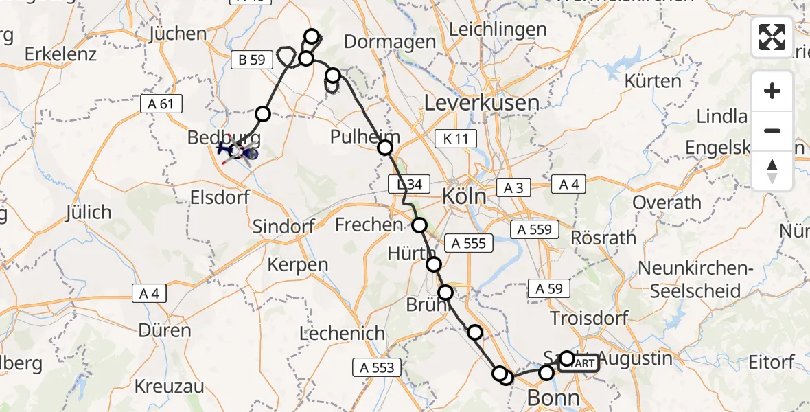 Flugroute Polizeihubschrauber Sankt Augustin - Bergheim, 13 April 2026, 08:13
