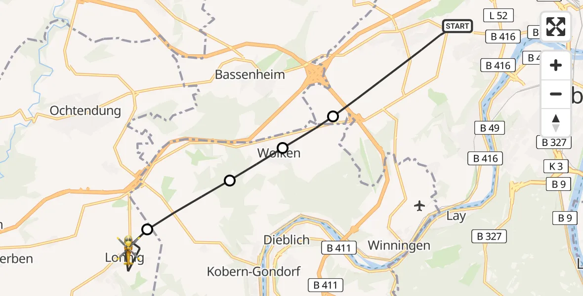Flugroute Rettungshubschrauber Koblenz - Lonnig, 13 April 2026, 08:17