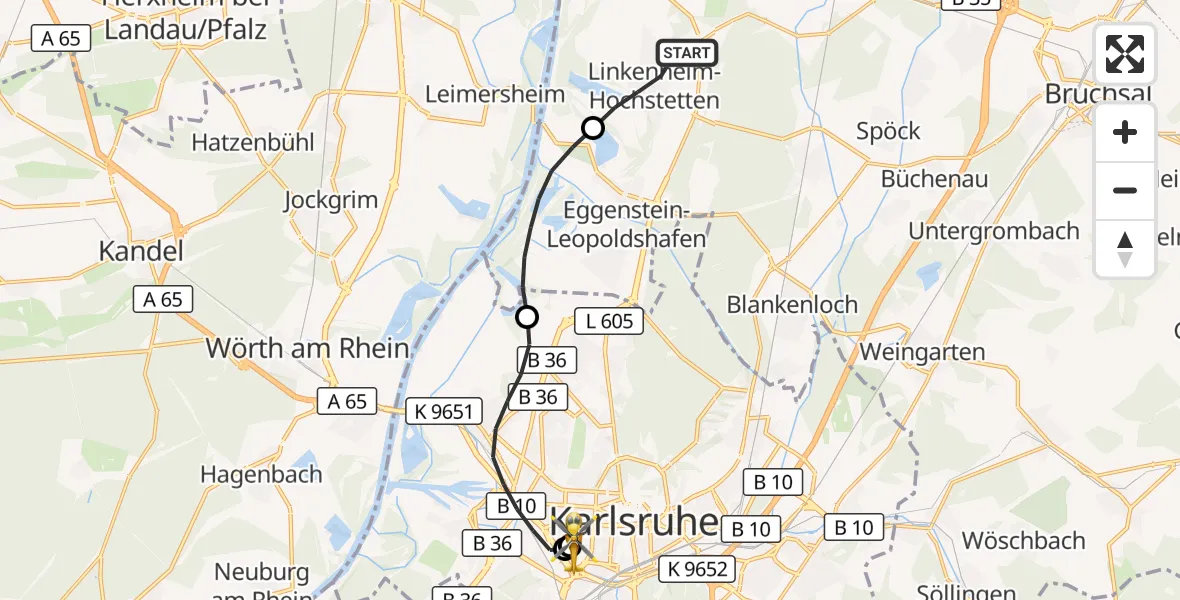 Flugroute Rettungshubschrauber Linkenheim-Hochstetten - Sankt Vincentius Hospital, 13 April 2026, 08:25