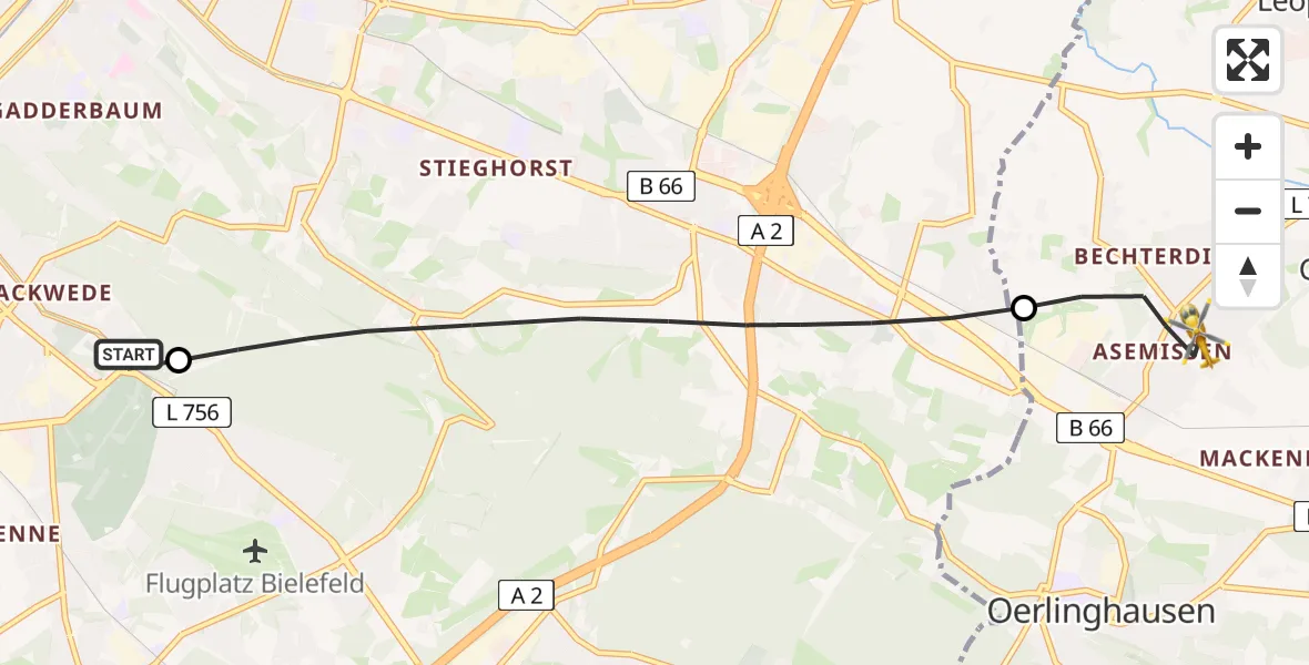 Flugroute Rettungshubschrauber Luftrettungszentrum Bielefeld - Leopoldshöhe, 13 April 2026, 08:35
