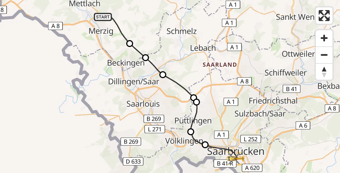 Flugroute Rettungshubschrauber Merzig - Saarbrücken, 13 April 2026, 08:39