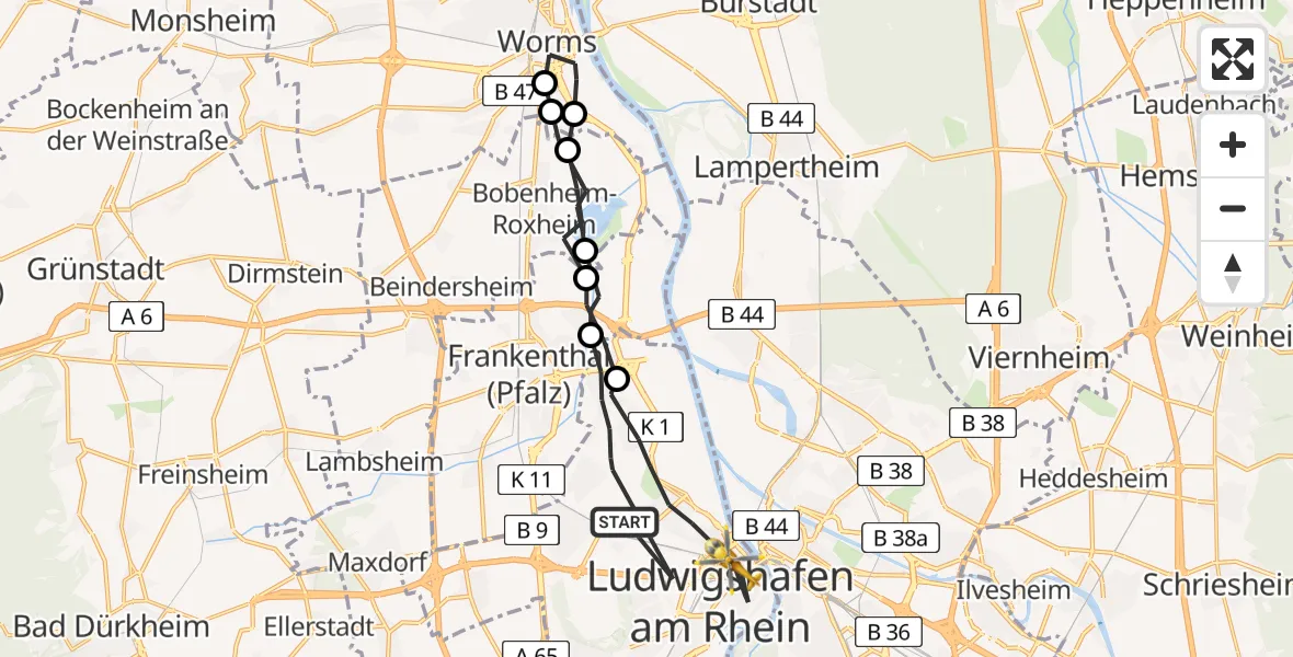 Flugroute Rettungshubschrauber Ludwigshafen am Rhein - Ludwigshafen am Rhein, 13 April 2026, 08:42