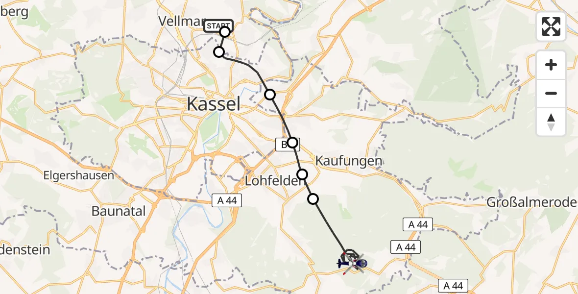 Flugroute Polizeihubschrauber Fuldatal Bundespolizei Hubschrauberlandeplatz - Söhrewald, 13 April 2026, 08:45