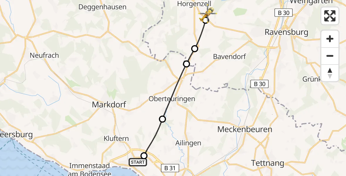 Flugroute Rettungshubschrauber Friedrichshafen Hospital - Ravensburg, 13 April 2026, 08:46