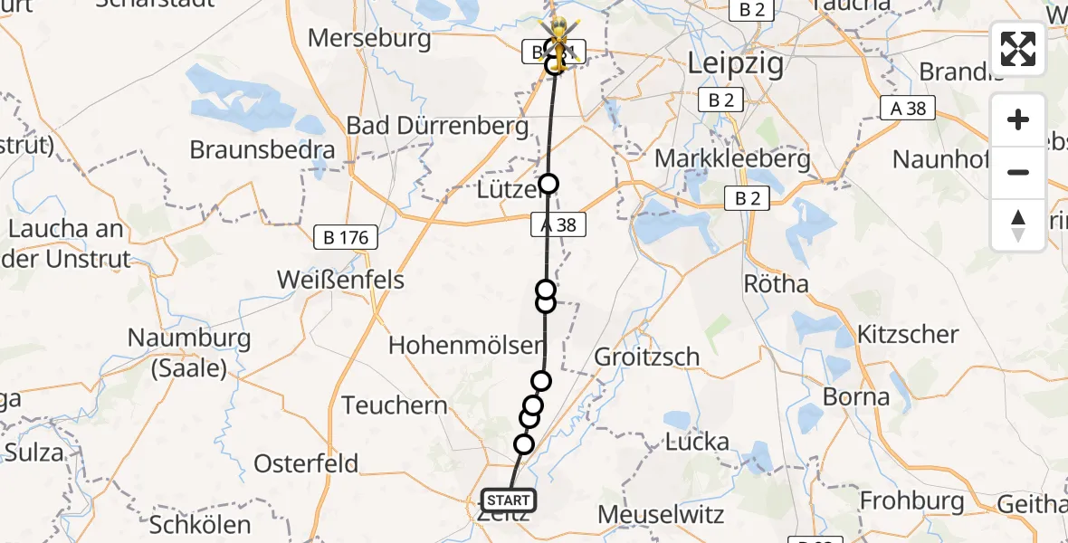 Flugroute Rettungshubschrauber Zeitz - ADAC Air Rescue Station Leipzig/Schkeuditz-Dölzig Hubschrauberlandeplatz (Christoph 61), 13 April 2026, 08:48