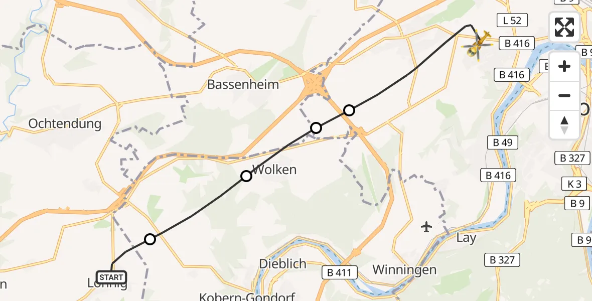 Flugroute Rettungshubschrauber Lonnig - Koblenz, 13 April 2026, 08:57