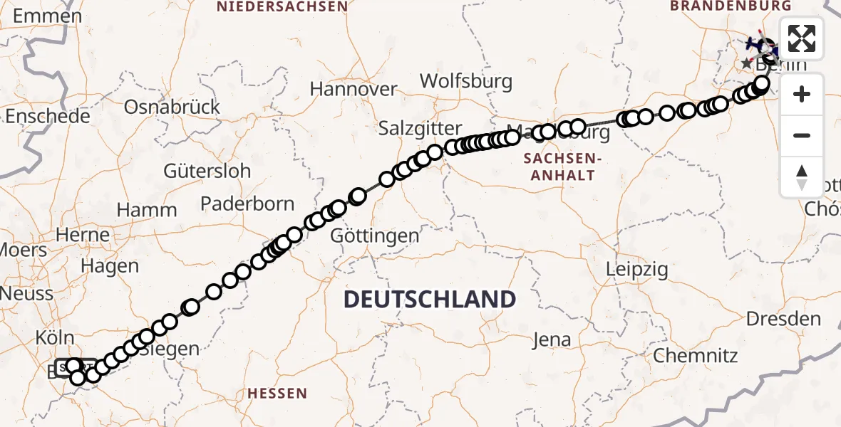 Flugroute Polizeihubschrauber Bonn-Hangelar Flugplatz - Ahrensfelde Hubschrauberlandeplatz, 13 April 2026, 08:59