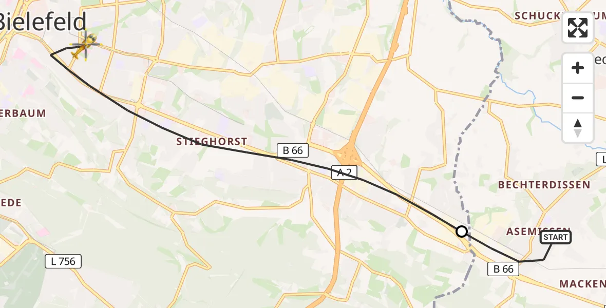 Flugroute Rettungshubschrauber Leopoldshöhe - Bielefeld, 13 April 2026, 09:05