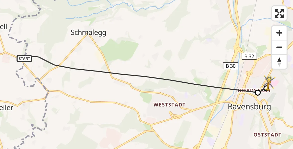 Flugroute Rettungshubschrauber Ravensburg - Sankt Elisabeth Hospital, 13 April 2026, 09:17