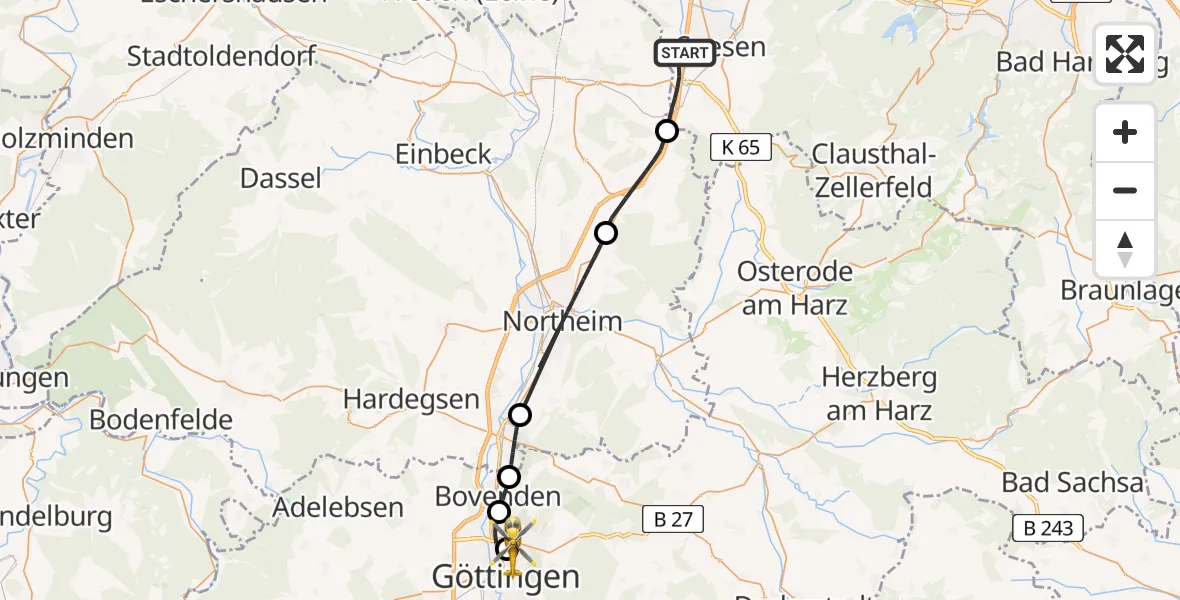 Flugroute Rettungshubschrauber Seesen - Göttingen University Clinic Hubschrauberlandeplatz, 13 April 2026, 09:26