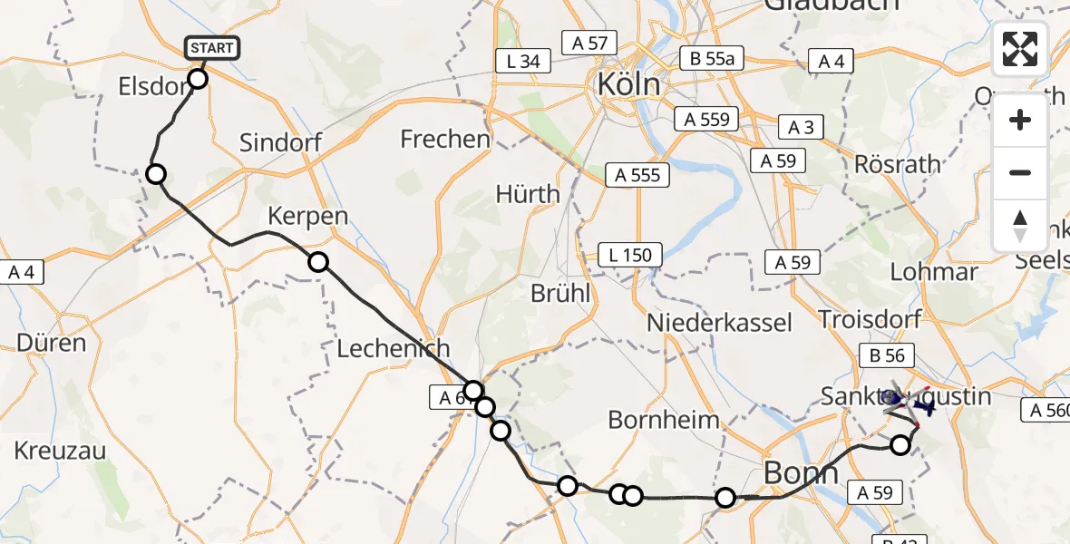 Flugroute Polizeihubschrauber Bergheim - Sankt Augustin, 13 April 2026, 09:27