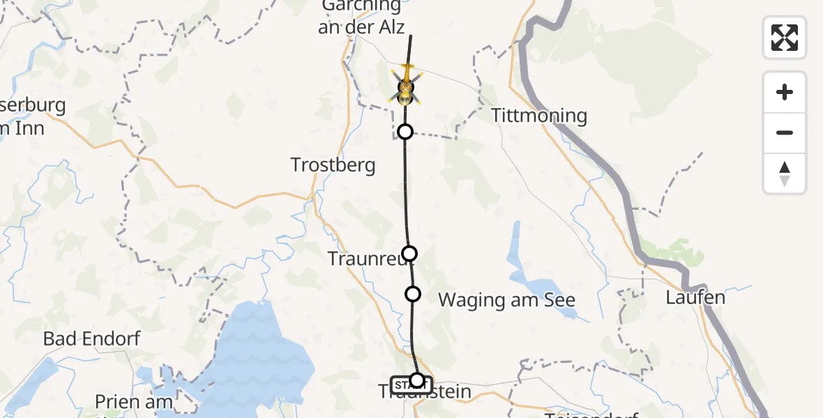 Flugroute Rettungshubschrauber Traunstein Hospital - Kirchweidach, 13 April 2026, 09:42