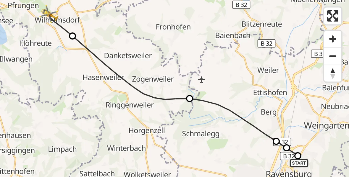 Flugroute Rettungshubschrauber Sankt Elisabeth Hospital - Wilhelmsdorf, 13 April 2026, 09:43