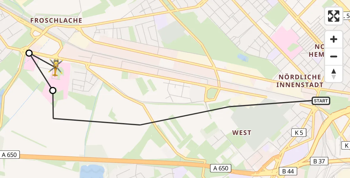 Flugroute Rettungshubschrauber Ludwigshafen am Rhein - Ludwigshafen Accident Hospital, 13 April 2026, 09:50
