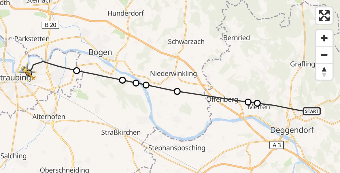 Flugroute Rettungshubschrauber Deggendorf - Sankt Elisabeth Hospital Straubing, 13 April 2026, 10:10