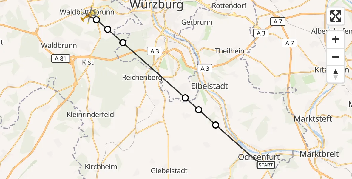 Flugroute Rettungshubschrauber Ochsenfurt - Waldbüttelbrunn, 13 April 2026, 10:22
