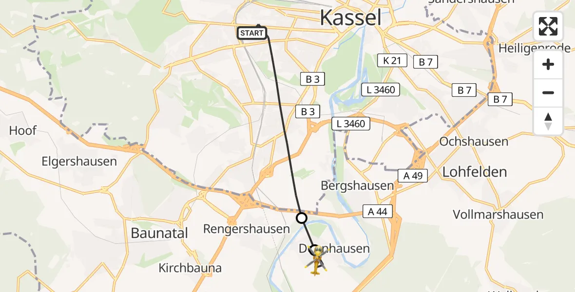 Flugroute Rettungshubschrauber Kassel - Fuldabrück, 13 April 2026, 10:26