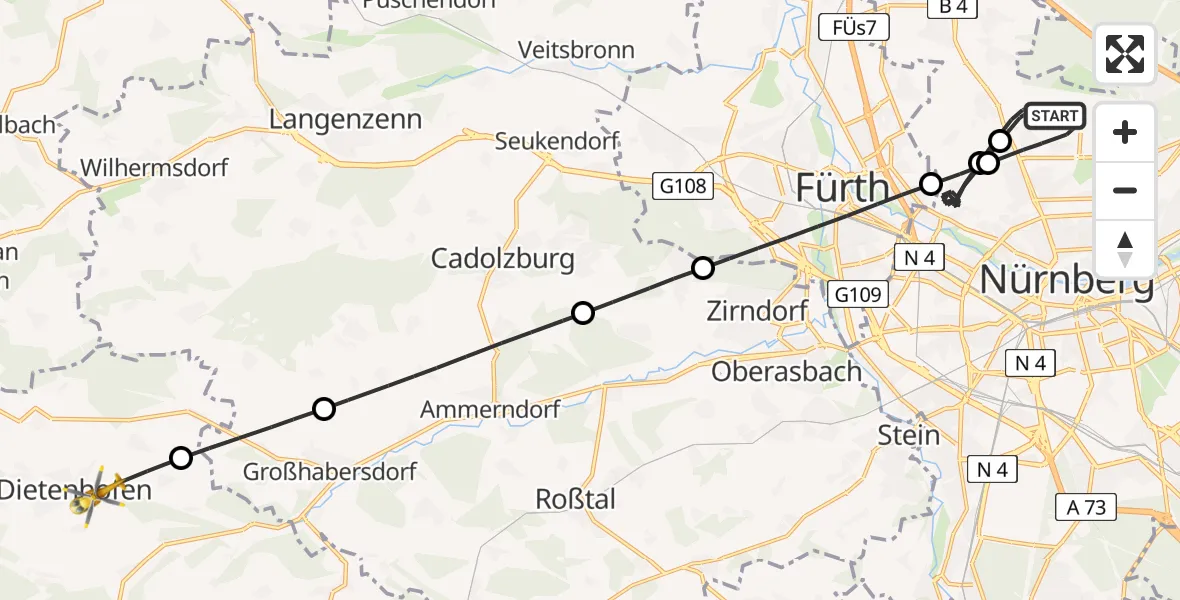 Flugroute Rettungshubschrauber Flughafen Nuremberg - Dietenhofen, 13 April 2026, 10:48