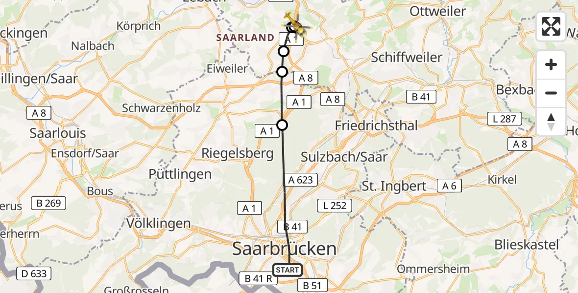Flugroute Rettungshubschrauber Saarbrücken - Eppelborn, 13 April 2026, 10:53
