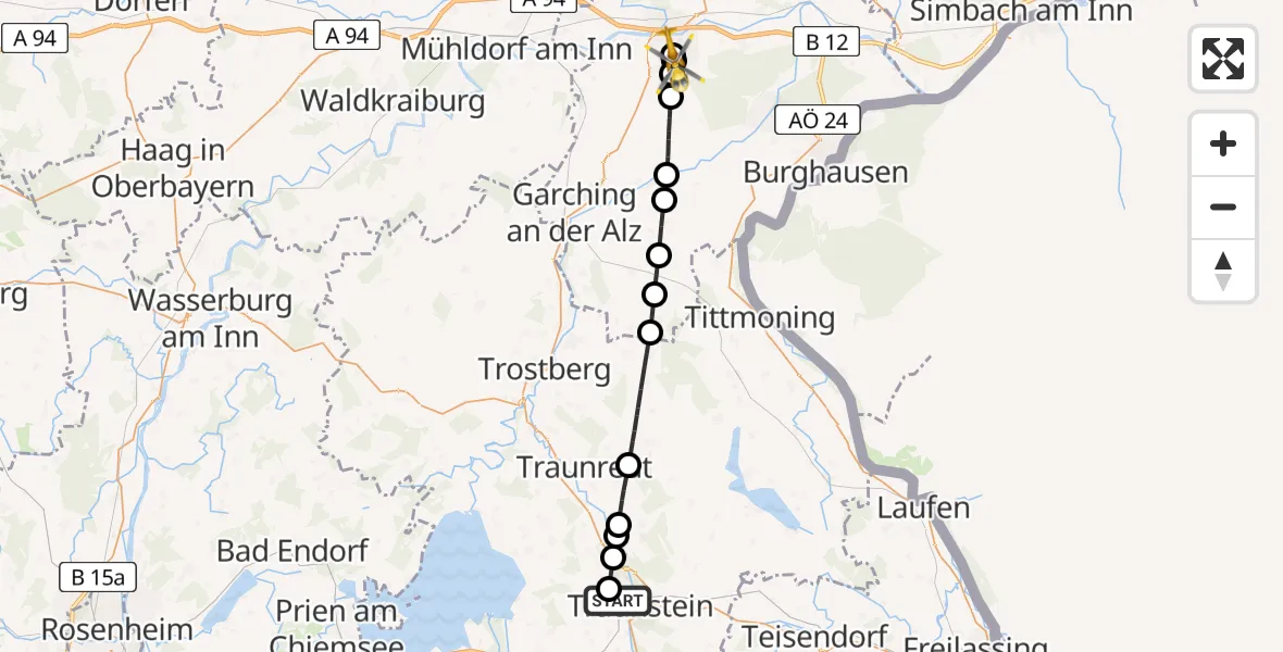 Flugroute Rettungshubschrauber Traunstein Hospital - Altötting-Burghausen District Hospital Altötting Hubschrauberlandeplatz, 13 April 2026, 10:54