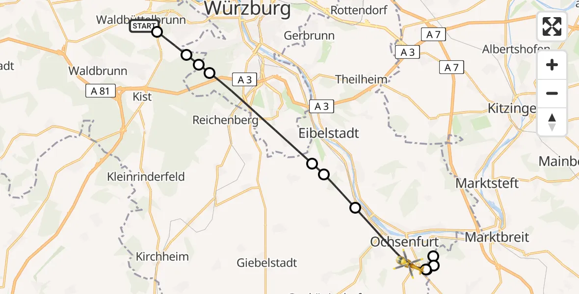 Flugroute Rettungshubschrauber Waldbüttelbrunn - Ochsenfurt, 13 April 2026, 10:56