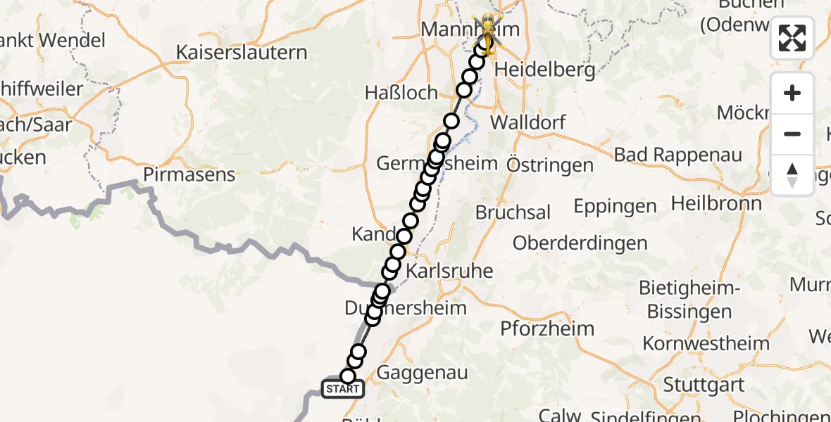 Flugroute Rettungshubschrauber Karlsruhe Baden-Baden Flughafen - Mannheim-City Flughafen, 13 April 2026, 11:03
