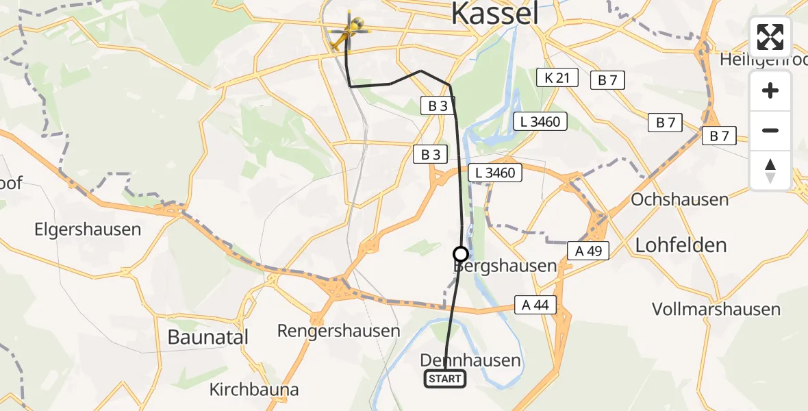 Flugroute Rettungshubschrauber Fuldabrück - Kassel, 13 April 2026, 11:14