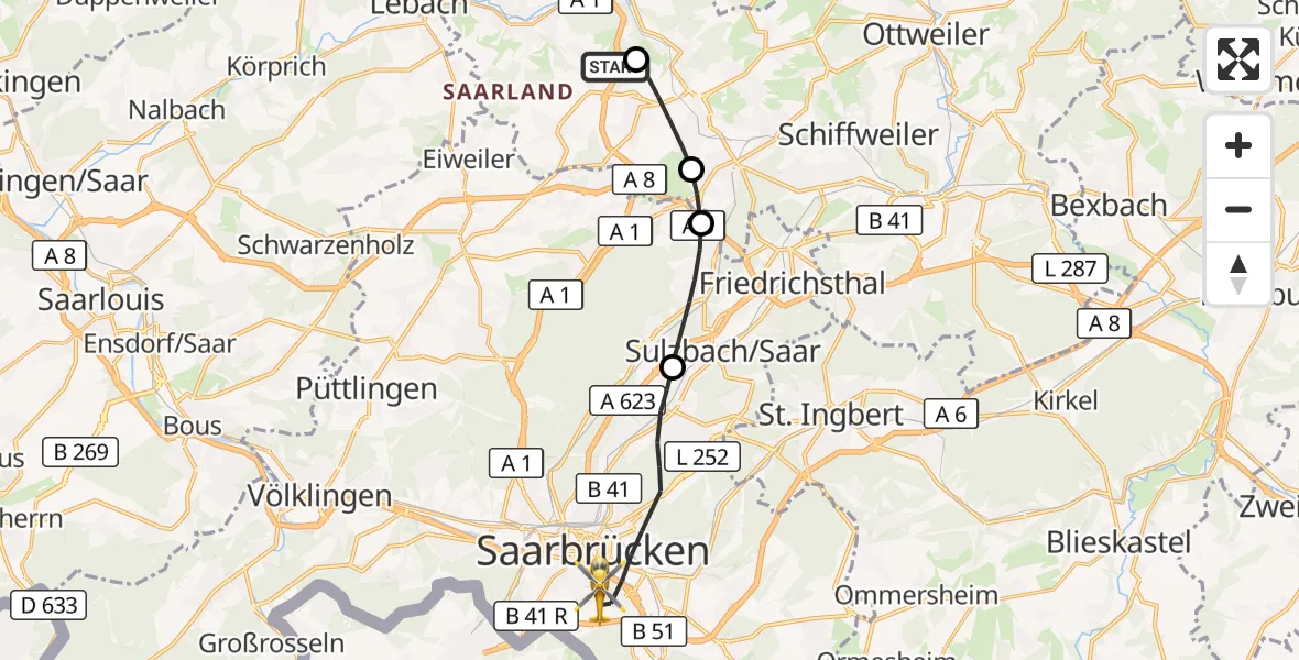 Flugroute Rettungshubschrauber Eppelborn - Saarbrücken, 13 April 2026, 11:23