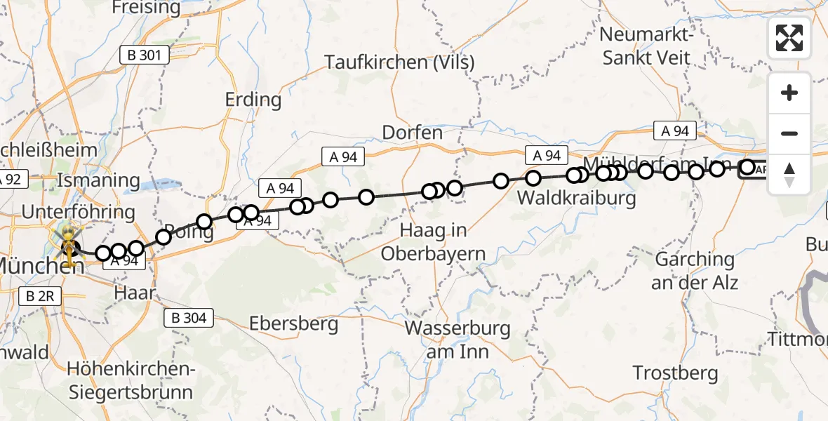 Flugroute Rettungshubschrauber Altötting-Burghausen District Hospital Altötting - München Bogenhausen Hospital, 13 April 2026, 11:33