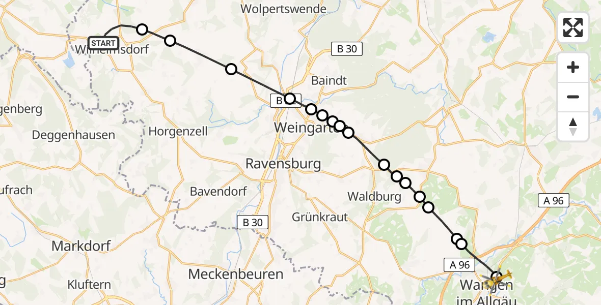 Flugroute Rettungshubschrauber Wilhelmsdorf - Westallgäu Clinic Wangen Hubschrauberlandeplatz, 13 April 2026, 11:38