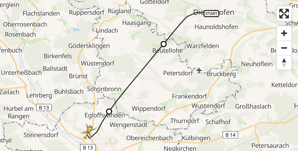 Flugroute Rettungshubschrauber Dietenhofen - Ansbach, 13 April 2026, 11:38