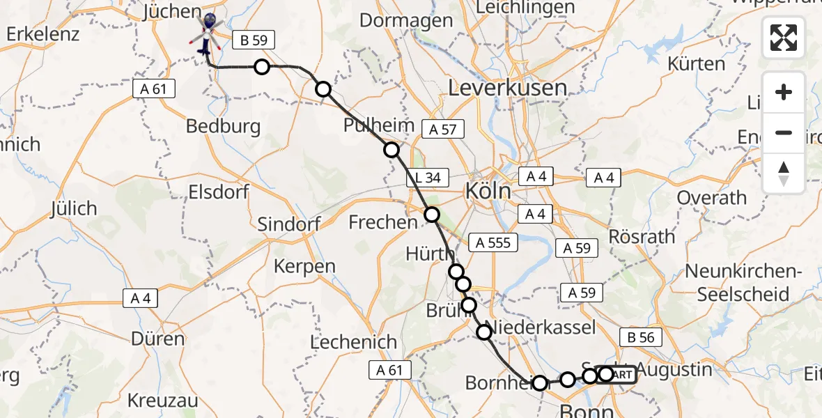 Flugroute Polizeihubschrauber Sankt Augustin - Grevenbroich, 13 April 2026, 11:47