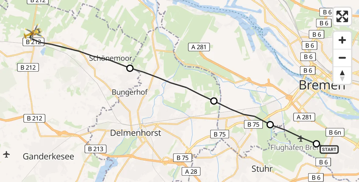 Flugroute Rettungshubschrauber ADAC Air Rescue Station Bremen Hubschrauberlandeplatz (Christoph 6) - Ganderkesee, 13 April 2026, 11:48