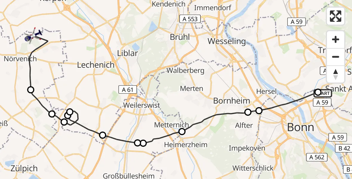 Flugroute Polizeihubschrauber Sankt Augustin - Militärflugplatz Nörvenich, 13 April 2026, 11:49