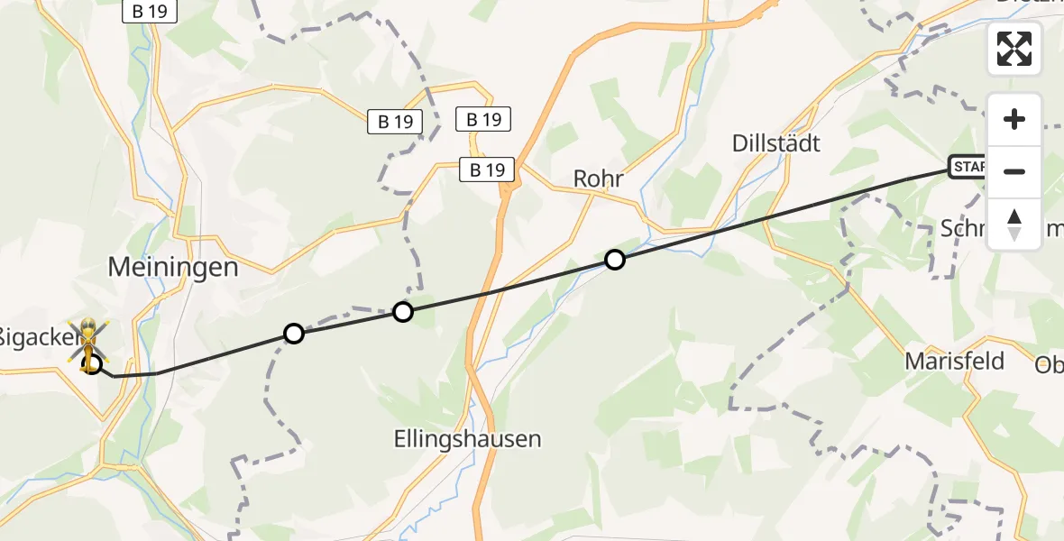Flugroute Rettungshubschrauber Dillstädt - Helios Clinic Meiningen, 13 April 2026, 11:58