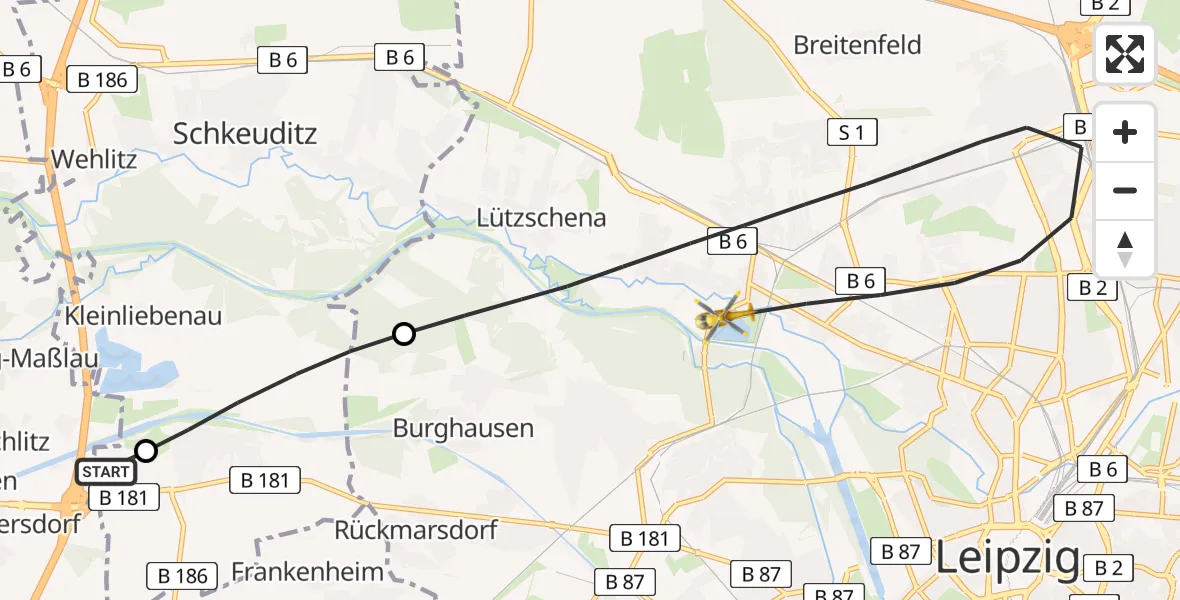 Flugroute Rettungshubschrauber ADAC Air Rescue Station Leipzig/Schkeuditz-Dölzig Hubschrauberlandeplatz (Christoph 61) - Leipzig, 13 April 2026, 12:00